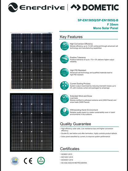ENERDRIVE SOLAR PANEL - 150W MONO SQUAT BLACK FRAME + LOW PROFILE RACK